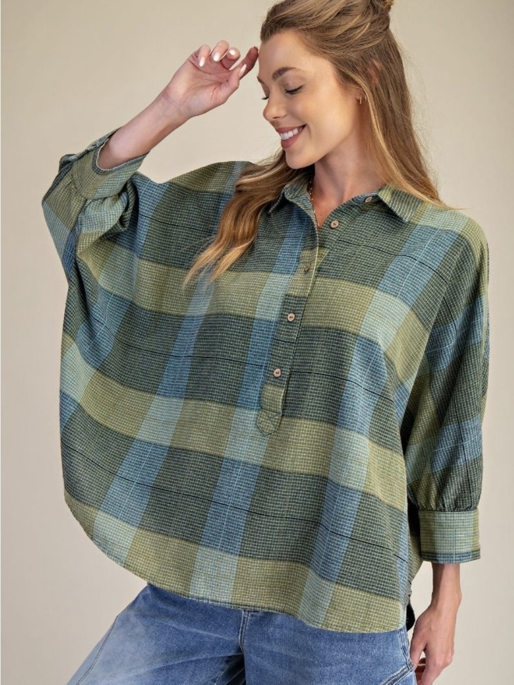 Easel Teal Green Plaid Oversized Quarter Button Top Small Plus Size Fit NWT